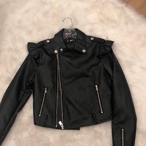 Super cute blk leather jacket with ruffle detail